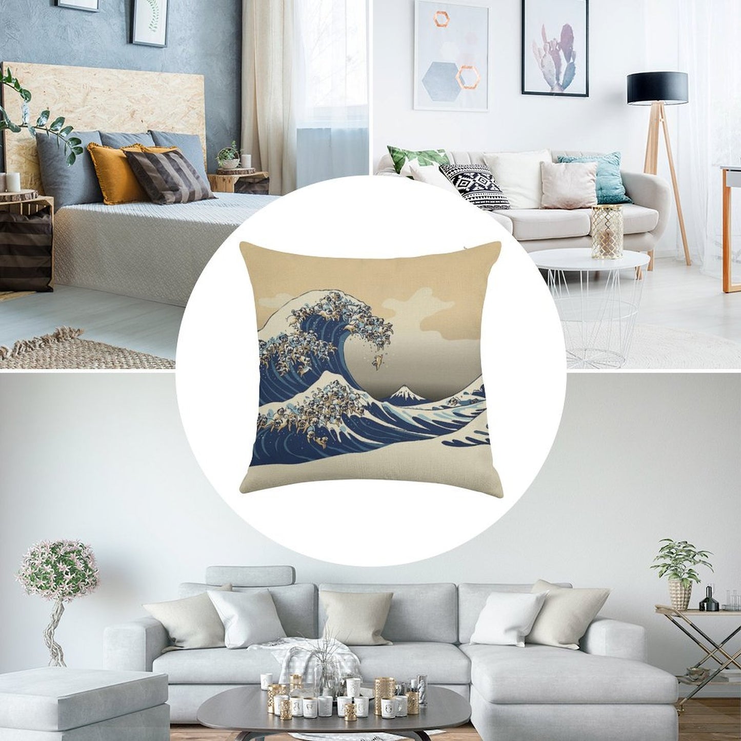 The Great Wave of Pugs Vanilla Sky Linen Throw Pillow Cover
