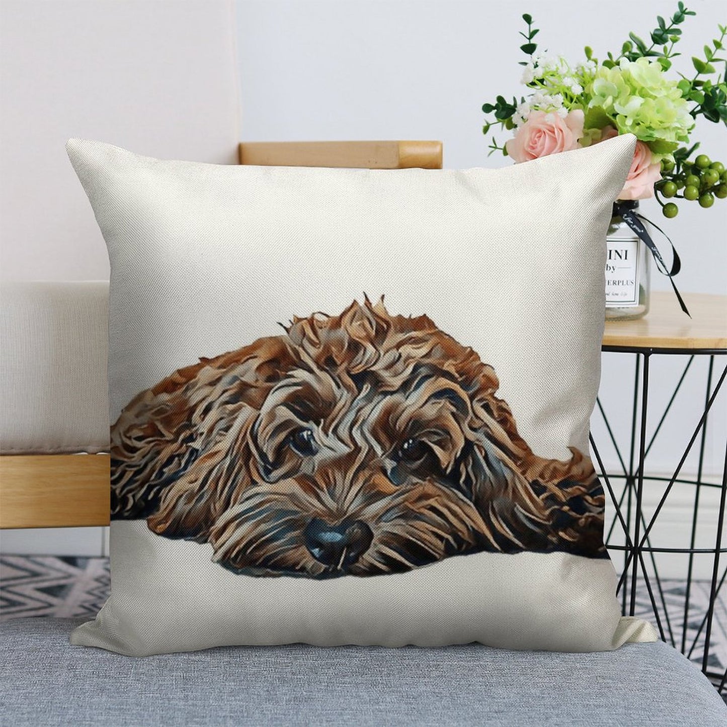 ChocolateBrown Cockapoo - White Background Linen Throw Pillow Cover