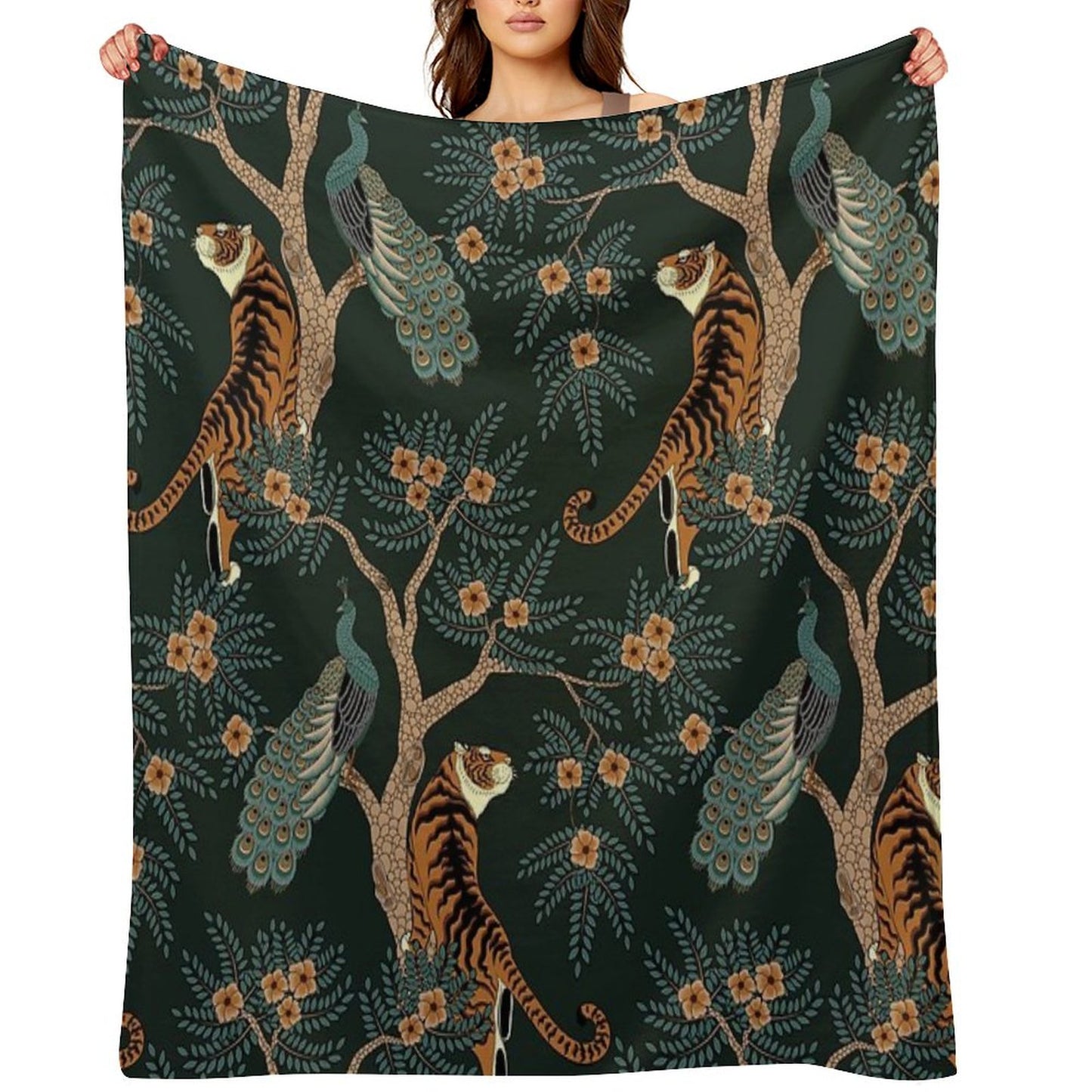 Vintage Tiger And Peacock in The Jungle Throw Blanket