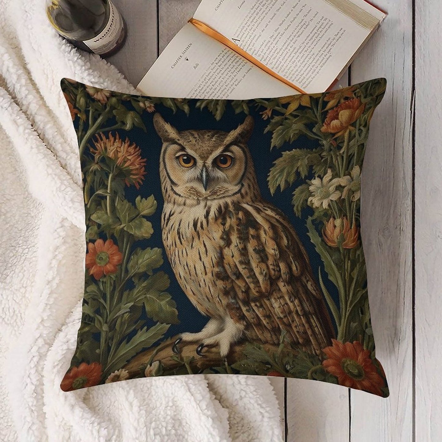 Vintage Forest Owl William Morris Style Linen Throw Pillow Cover