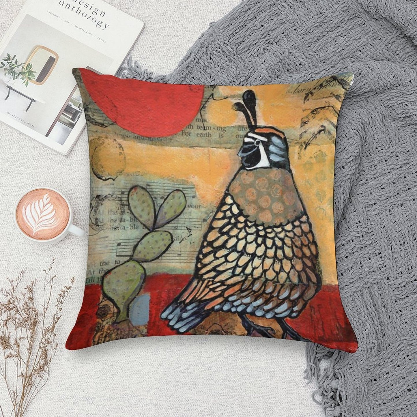 Desert Quail Red Sun Cactus Soft Warmth Comfort Throw Pillow