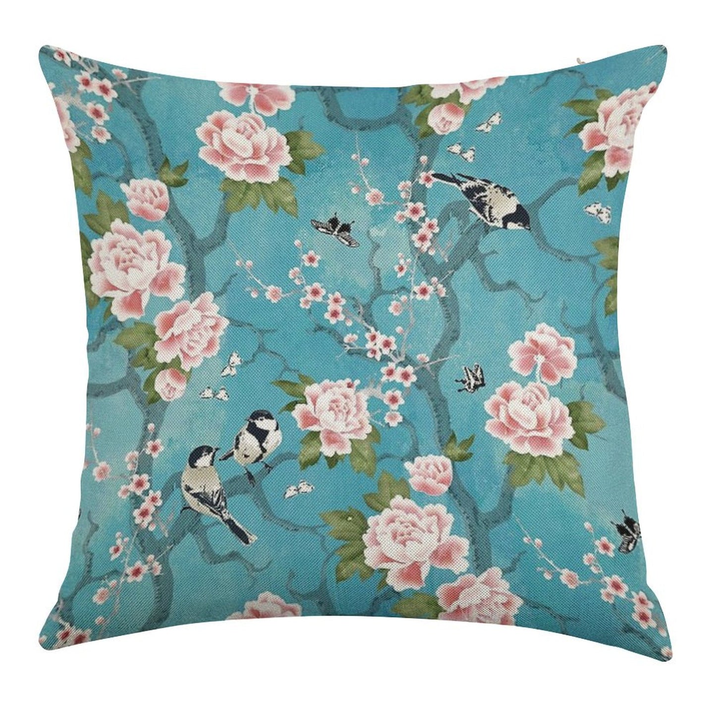 Chinoiserie Birds in Turquoise Blue Linen Throw Pillow Cover