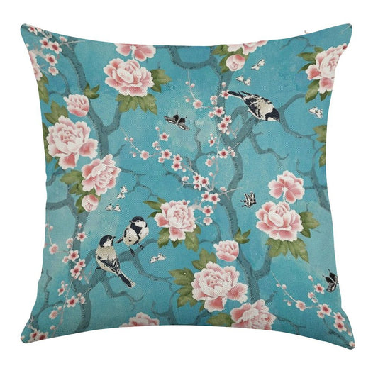 Chinoiserie Birds in Turquoise Blue Linen Throw Pillow Cover