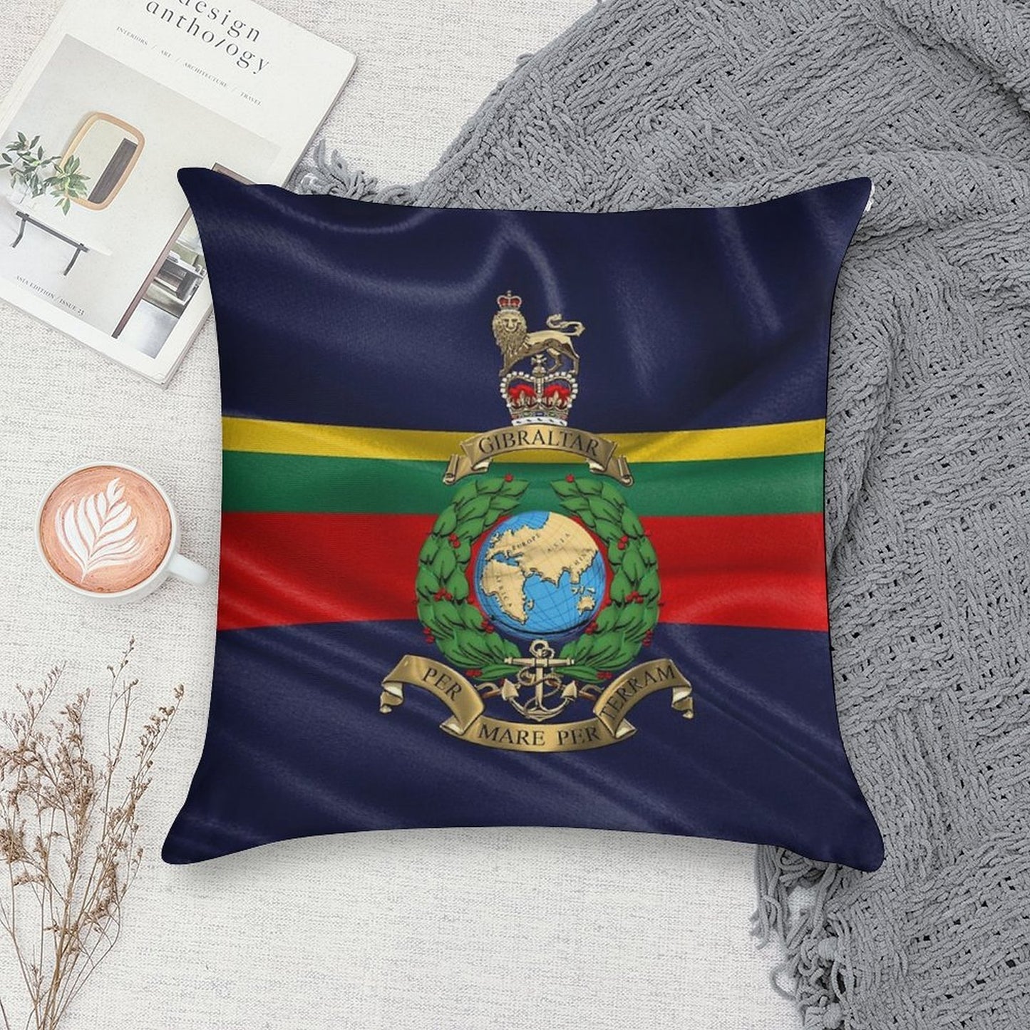 Royal Marines - RM Badge over Royal Marine Flag Soft High-Density Material Throw Pillow