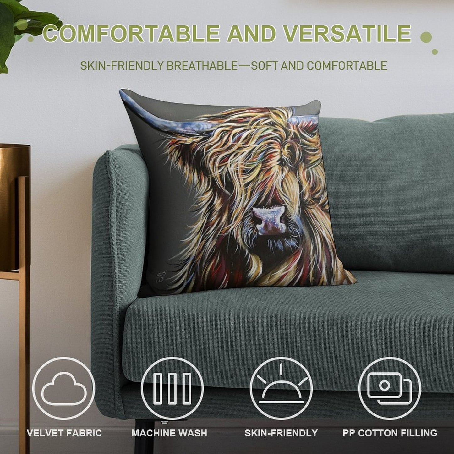 Beau The Colourful Highland Cow Soft Ultra-Soft Texture Throw Pillow