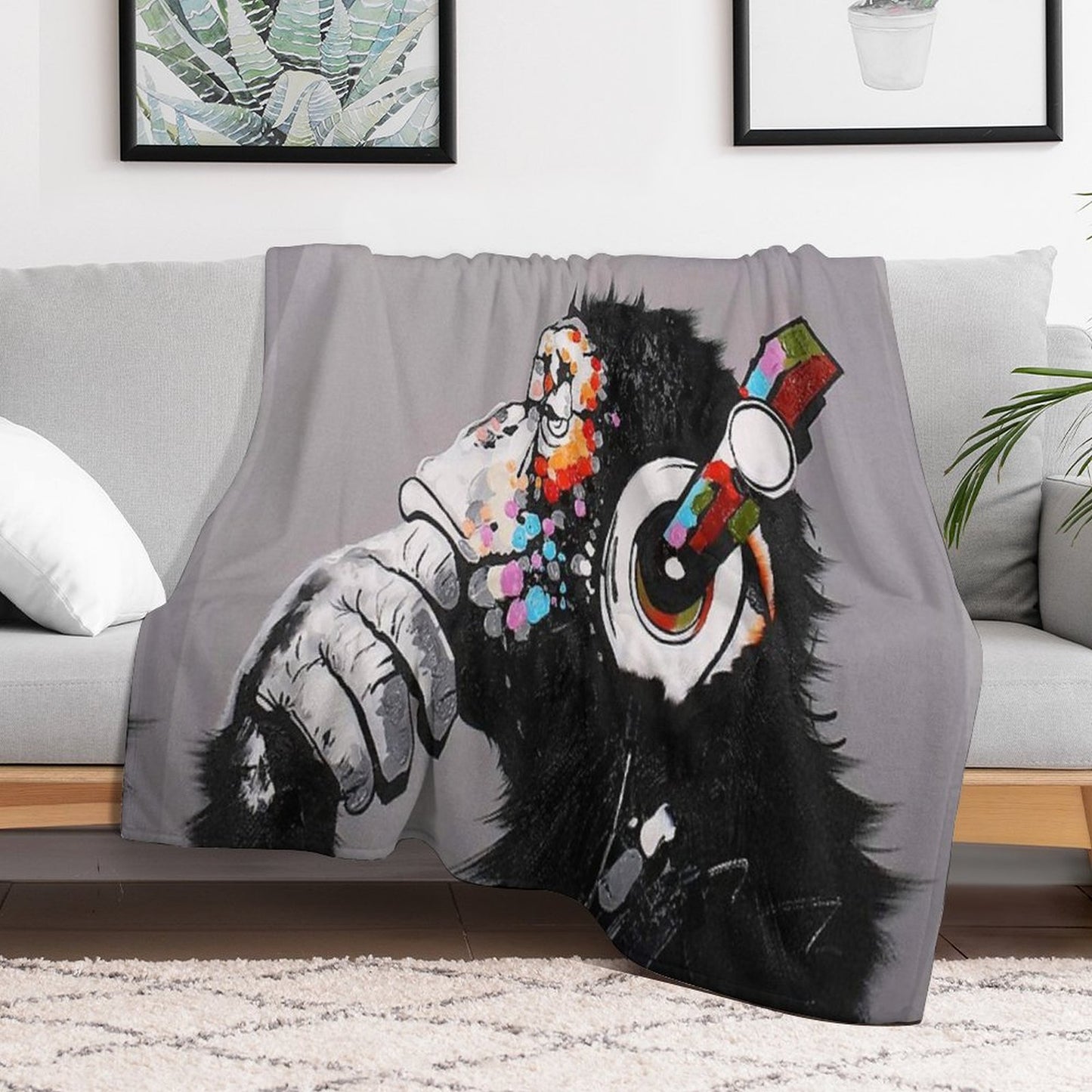 DJ Monkey With Headphones Thinking - Thinker Chimp Throw Blanket