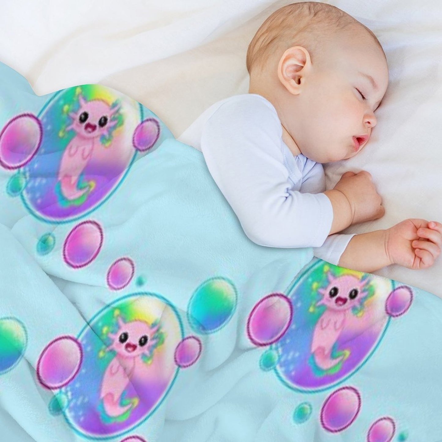 Kawaii Axolotl with Bubbles Throw Blanket