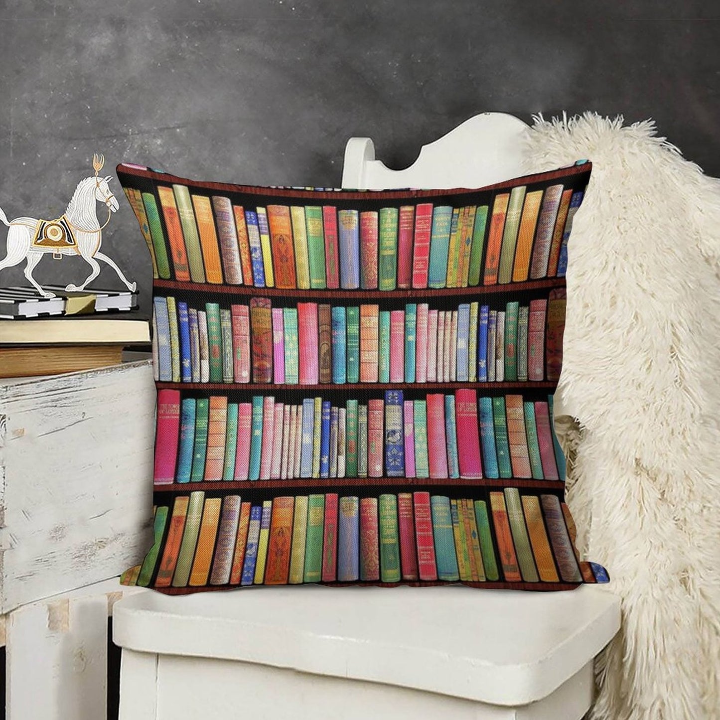 Bookworm Antique Book Library, Vintage Book Shelf Linen Throw Pillow Cover