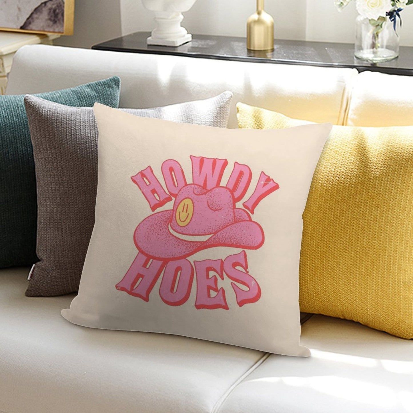 Howdy Hoes  Pink Cowboy Cowgirl Rodeo Hat Preppy Aesthetic  MEME HOWDY Y'ALL  White Background Soft Decorative Cover Throw Pillow
