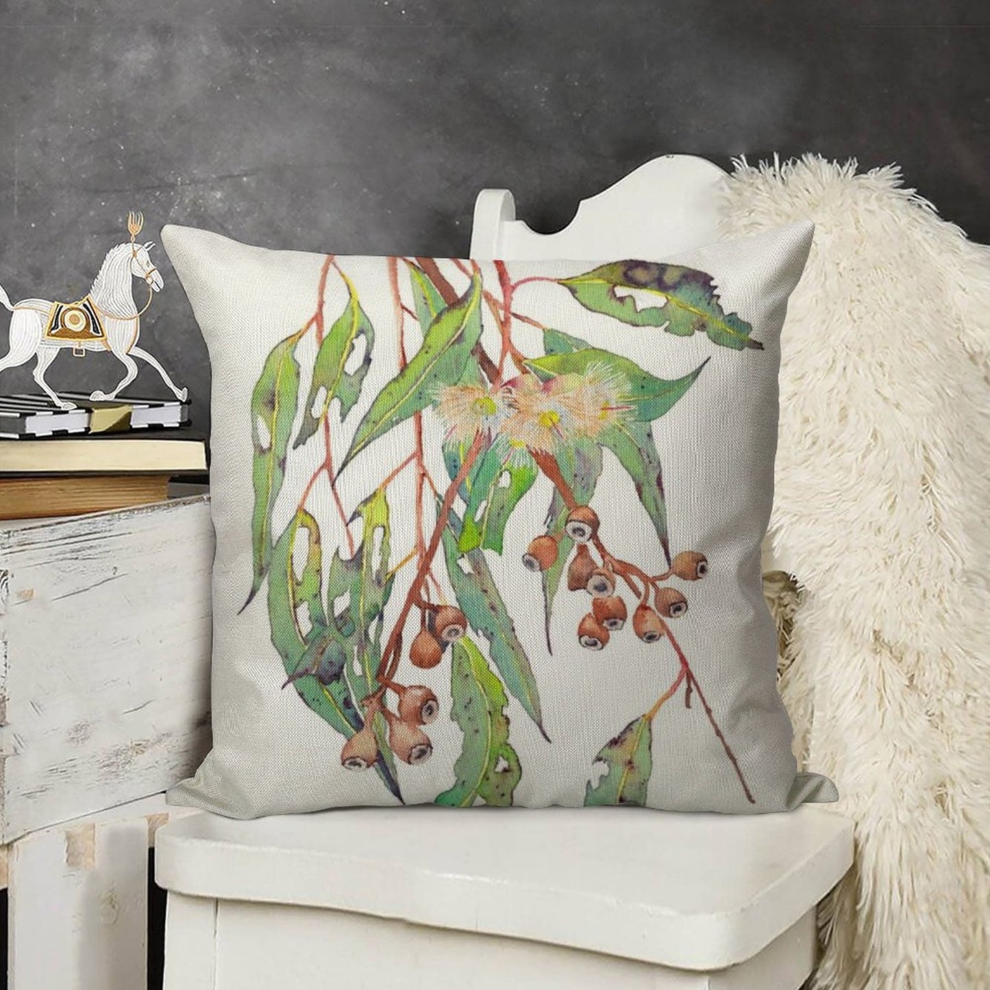 Watercolour Eucalyptus Tree Branch with White Flowers & Gumnuts. Linen Throw Pillow Cover