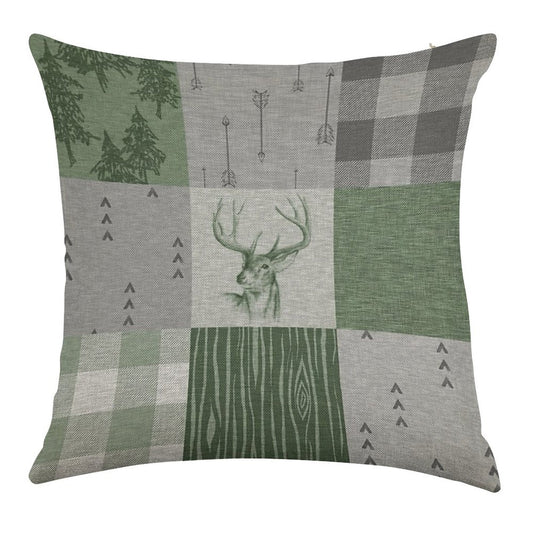 Rustic Deer Patchwork - GreenGrey Linen Throw Pillow Cover