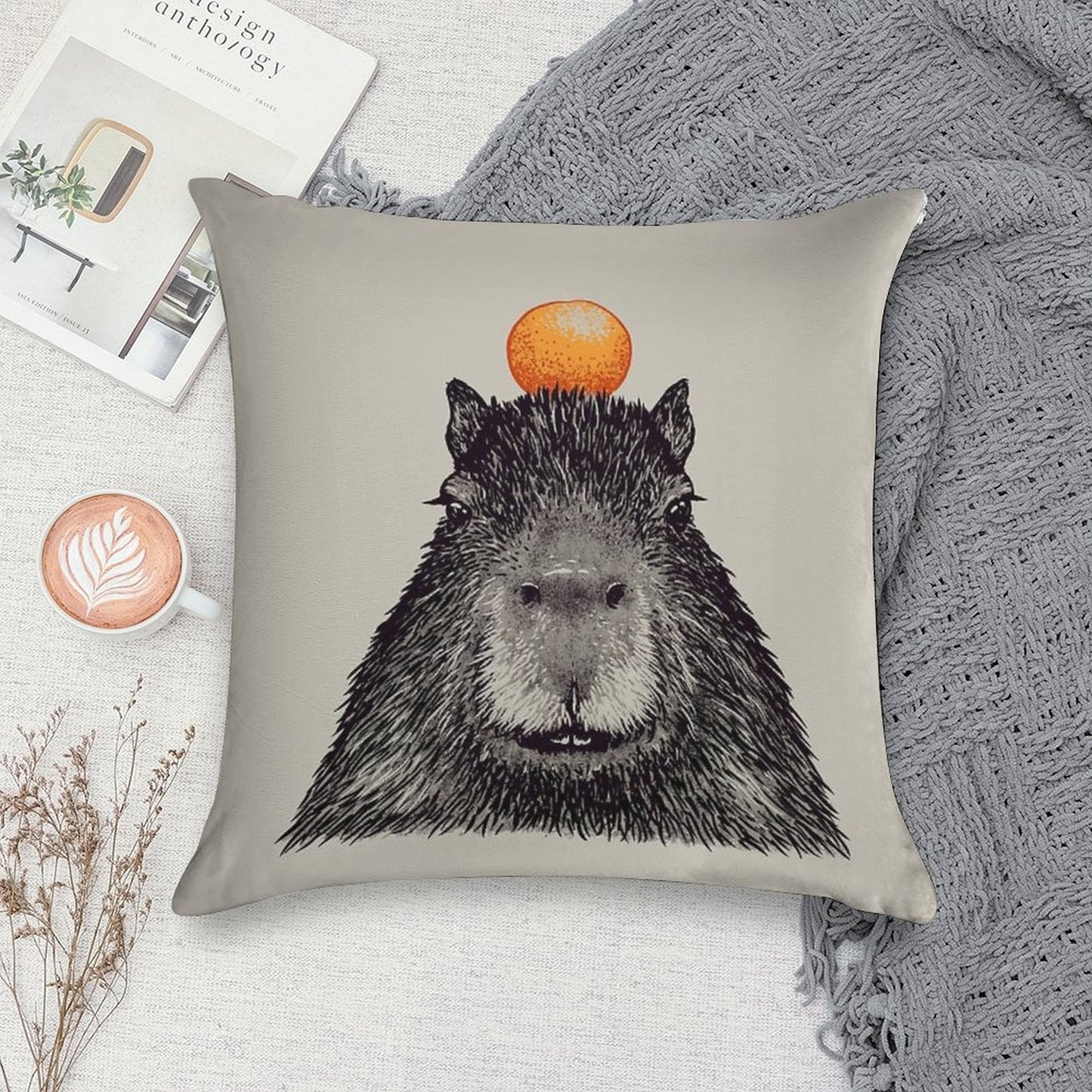 Capybara  Orange  Capy Yuzu  Capybara with Orange on Head  His Name - Gort  Portrait Soft Fade-Resistant Throw Pillow