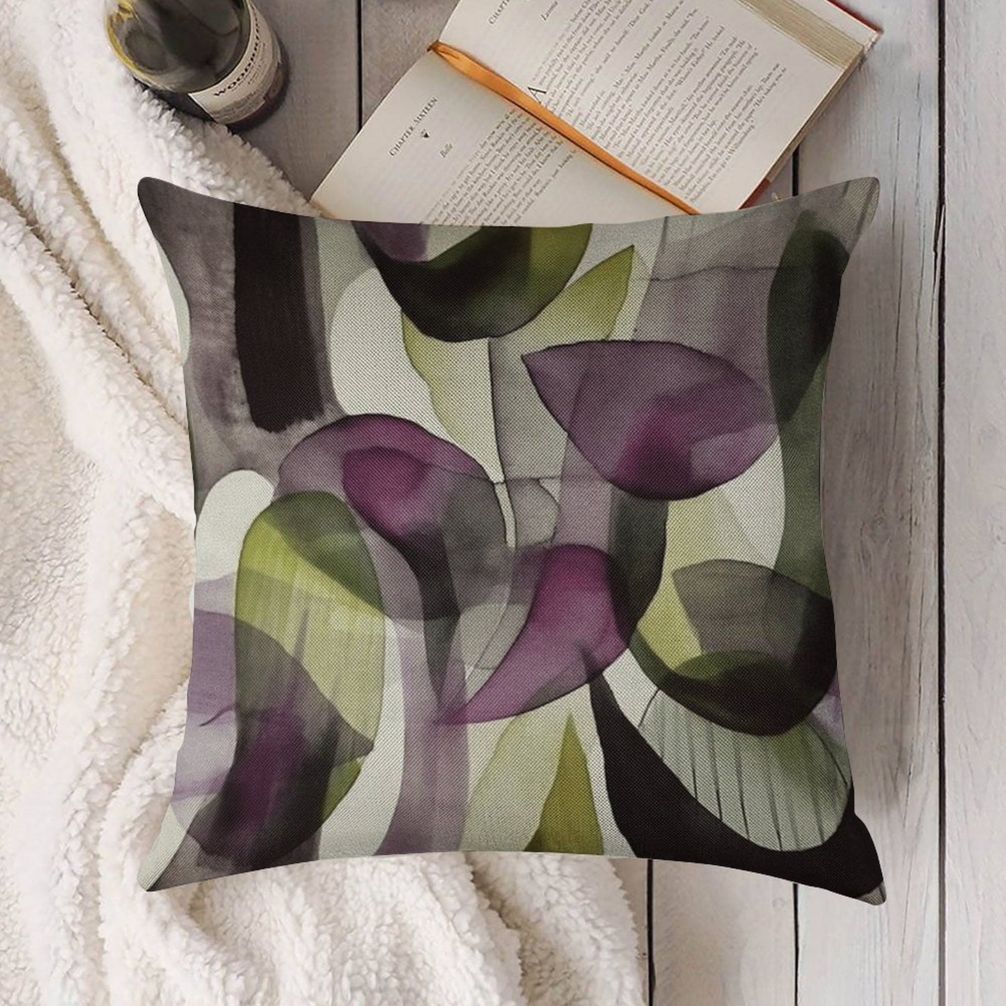 Abstract Watercolor in Purple And Green Linen Throw Pillow Cover