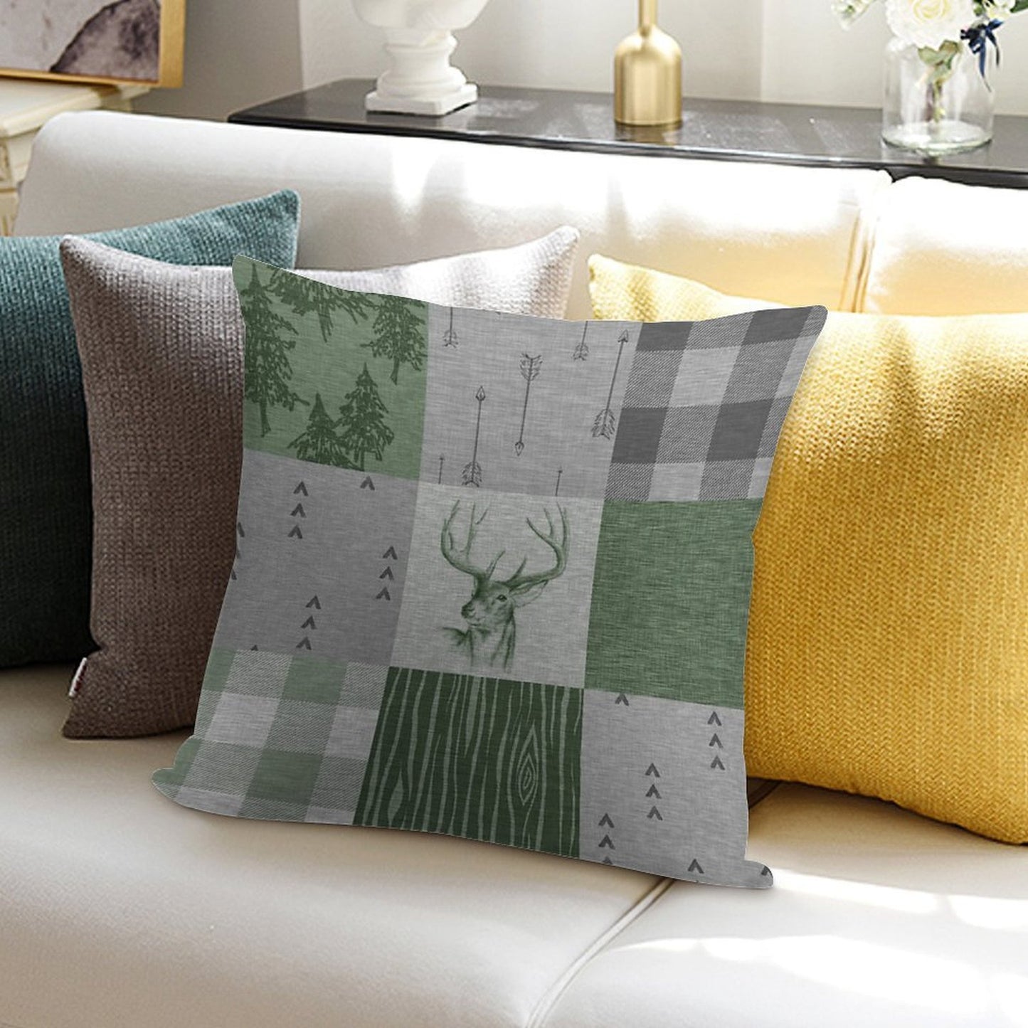 Rustic Deer Patchwork - GreenGrey Soft Fade-Resistant Throw Pillow