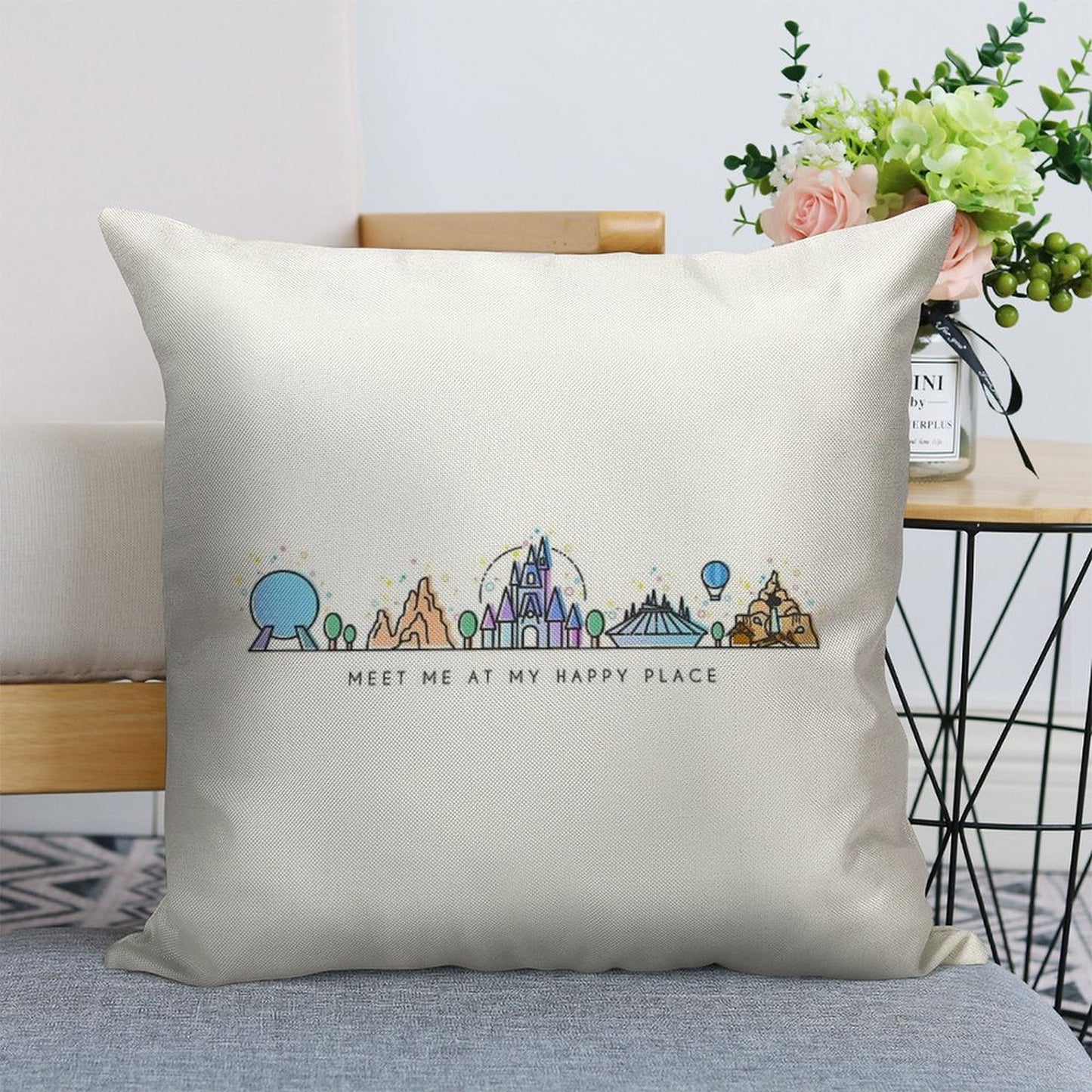 Meet Me at My Happy Place Vector Orlando Theme Park Illustration Design Linen Throw Pillow Cover