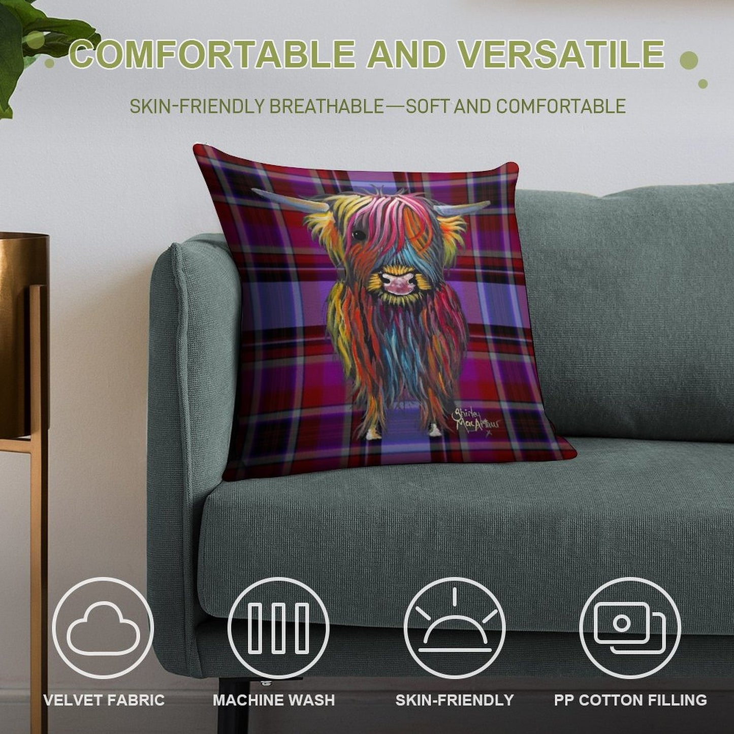 SCoTTiSH HiGHLaND CoW ' TaRTaN BRaVe ONe ' by SHiRLeY MacARTHuR Soft Ultra-Soft Texture Throw Pillow