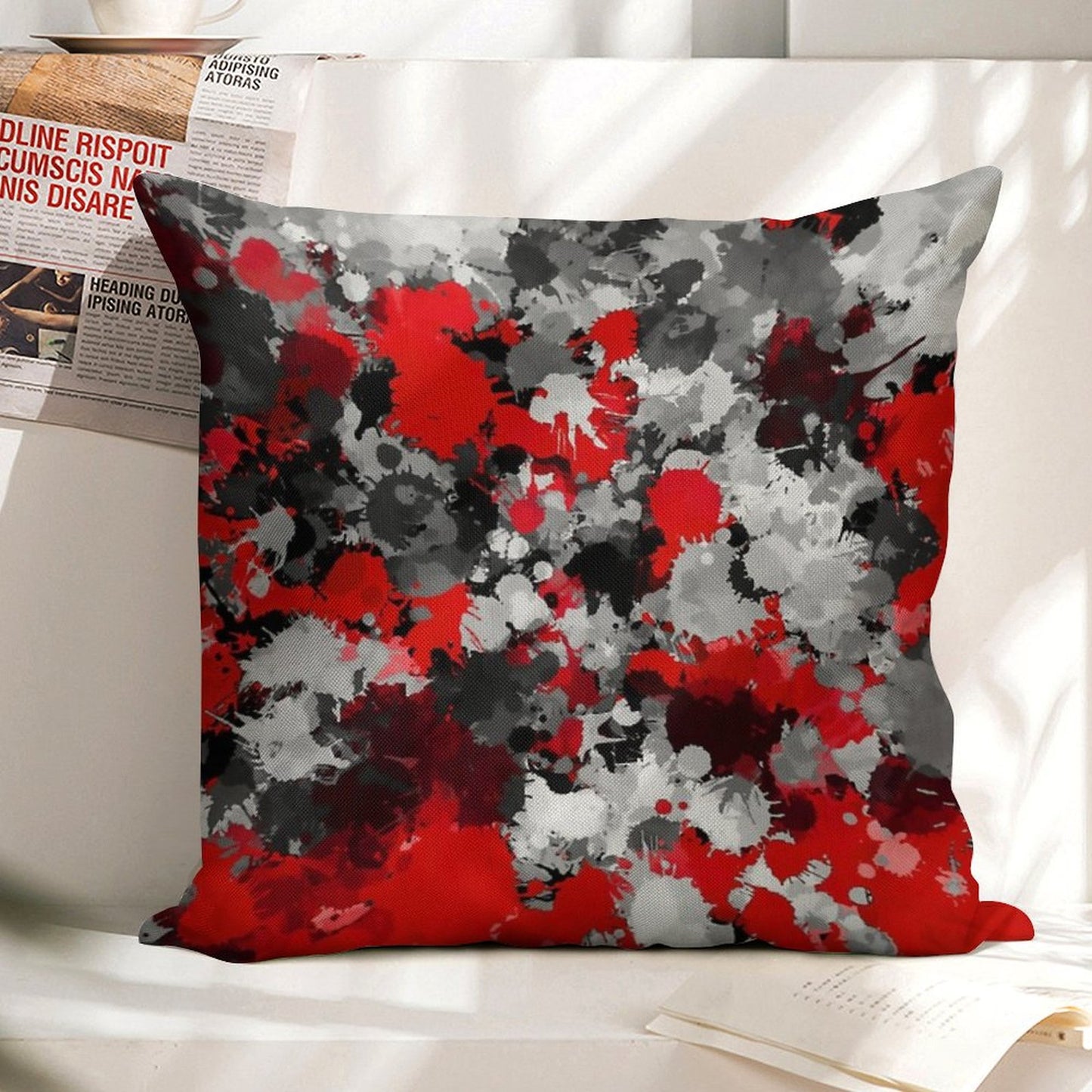 Red And Grey Paint Splatter Linen Throw Pillow Cover