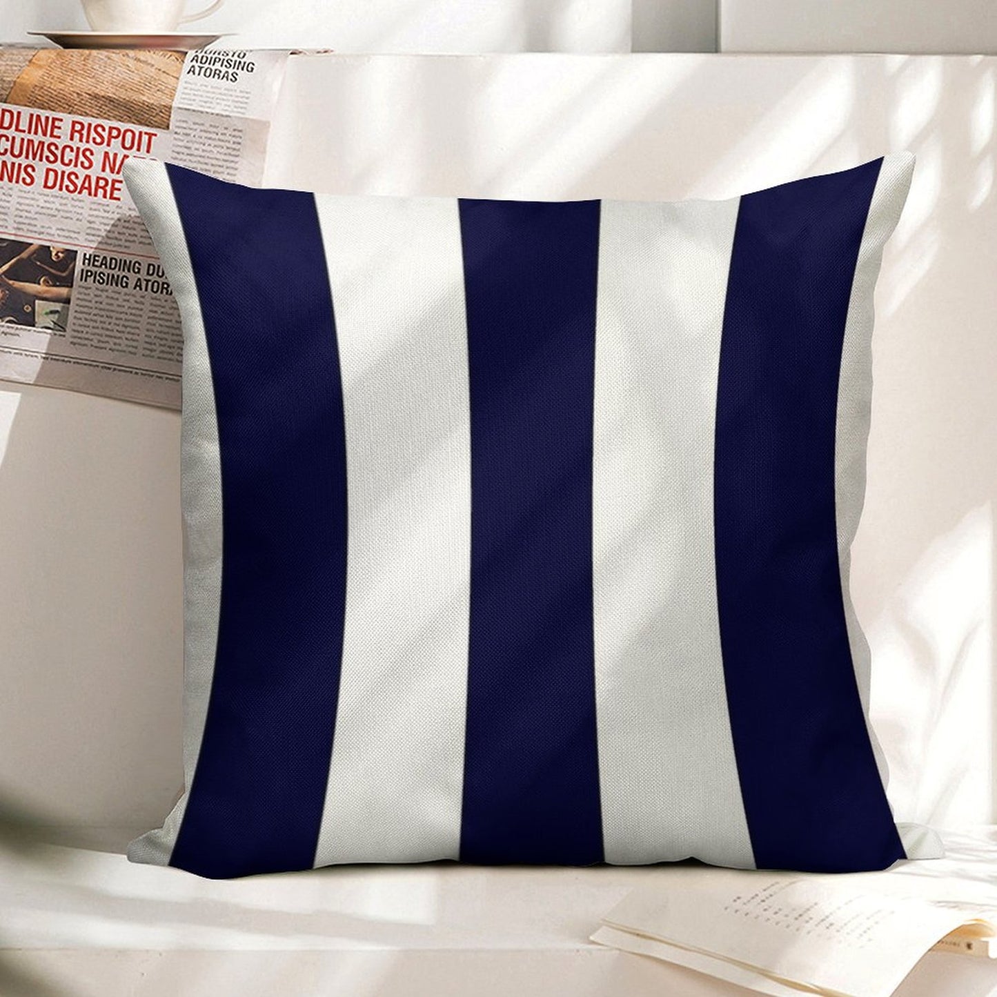 Navy Blue And White Stripes Linen Throw Pillow Cover