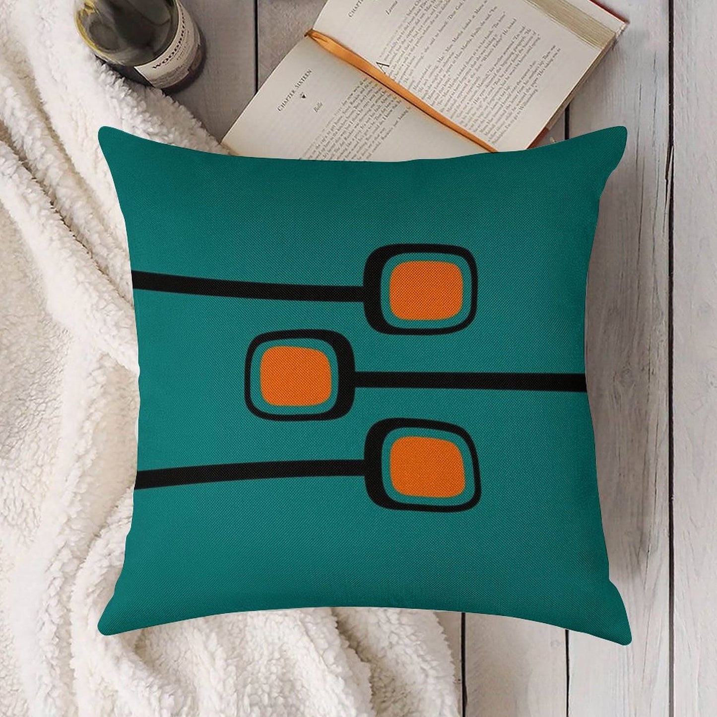Retro Branches Black And Orange on Teal Mid Century Modern Print Linen Throw Pillow Cover