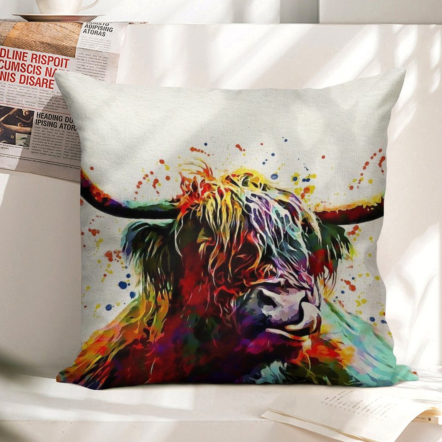 Highland Cow Watercolor Art Work Linen Throw Pillow Cover