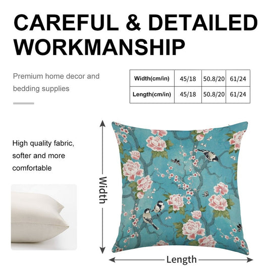 Chinoiserie Birds in Turquoise Blue Linen Throw Pillow Cover