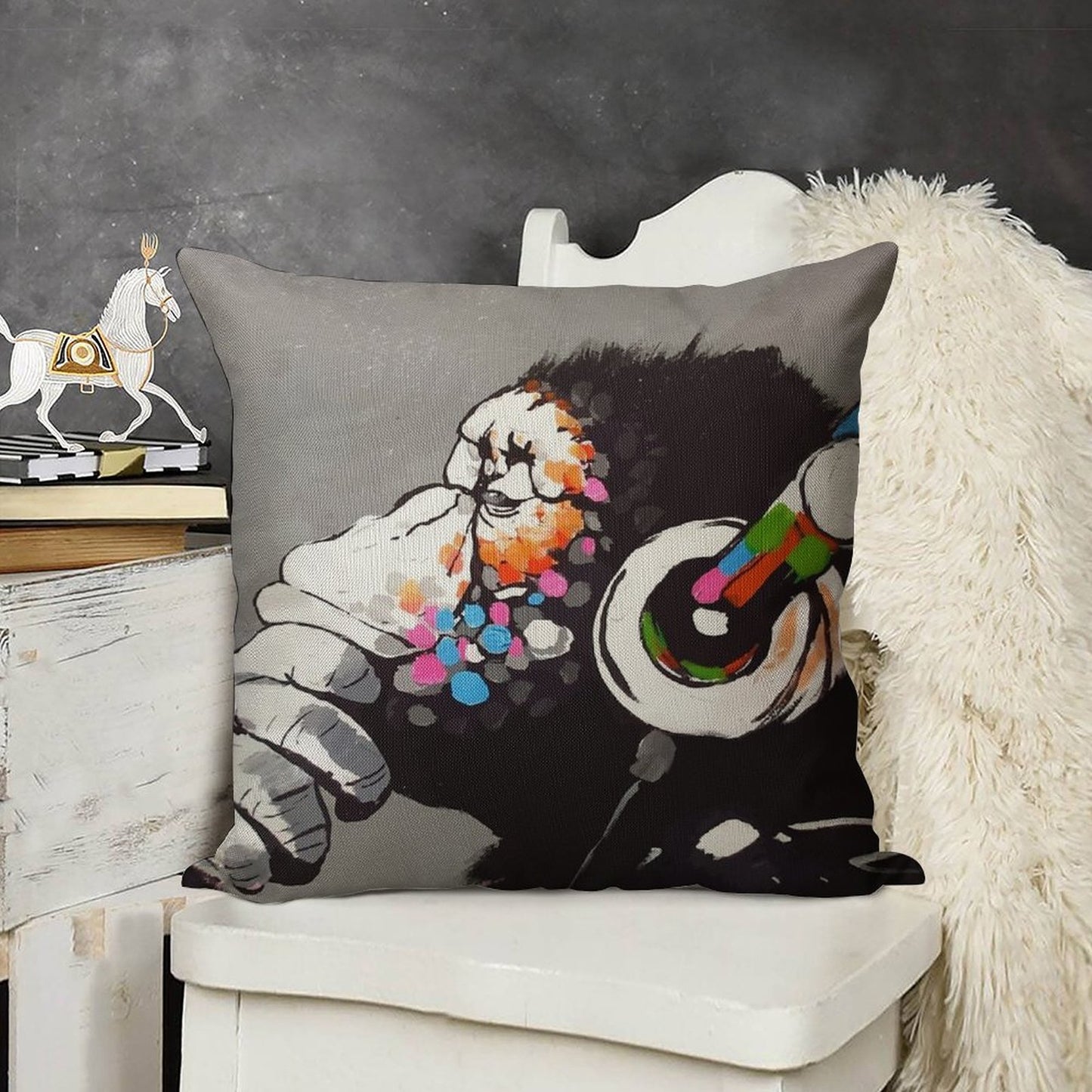 Banksy DJ Monkey Thinker with Headphones Linen Throw Pillow Cover