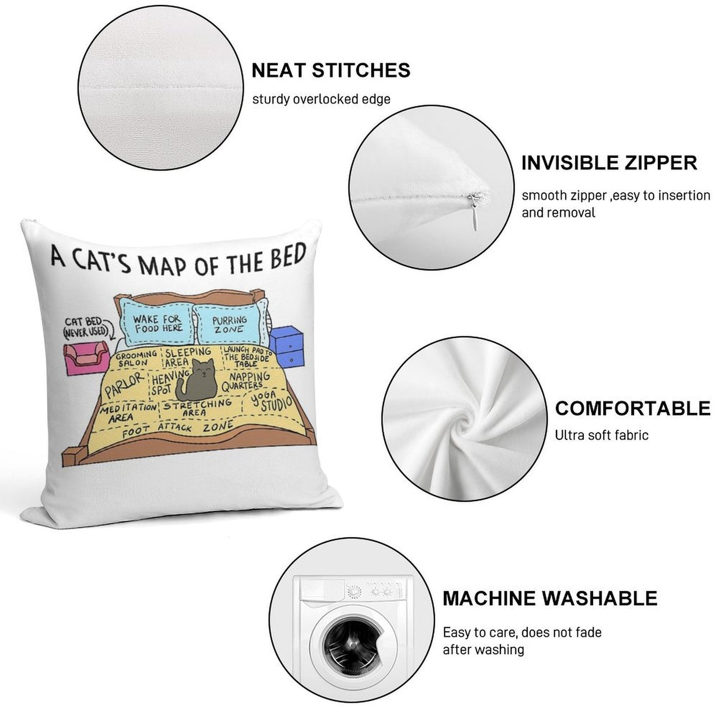 Cats Map of The Bed Funny Cat Gift for Cat Owner Soft Anti-Pilling Throw Pillow
