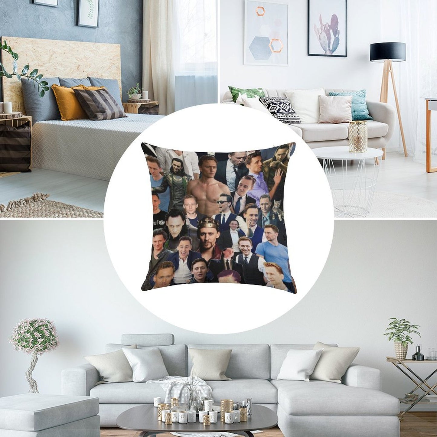 Tom Hiddleston Collage Linen Throw Pillow Cover