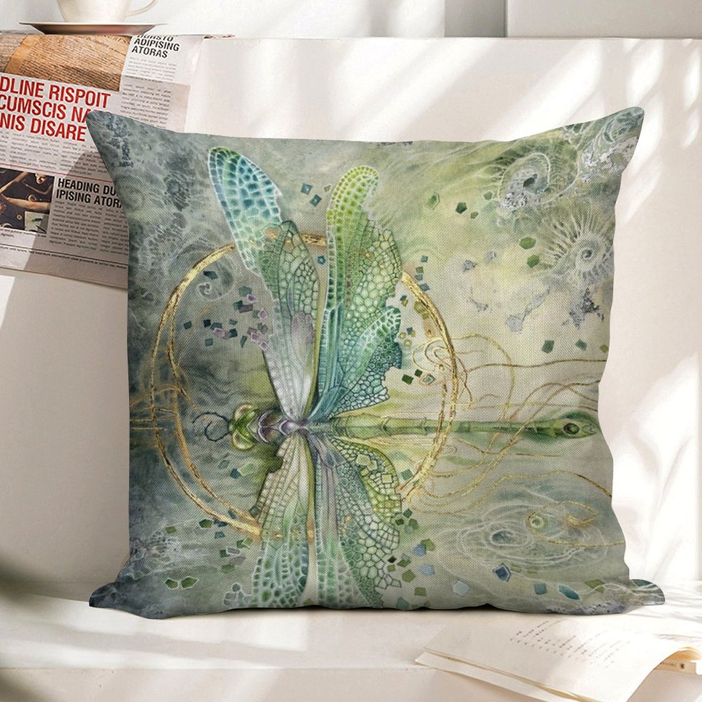 Beautiful Enchanted Dragonfly Linen Throw Pillow Cover