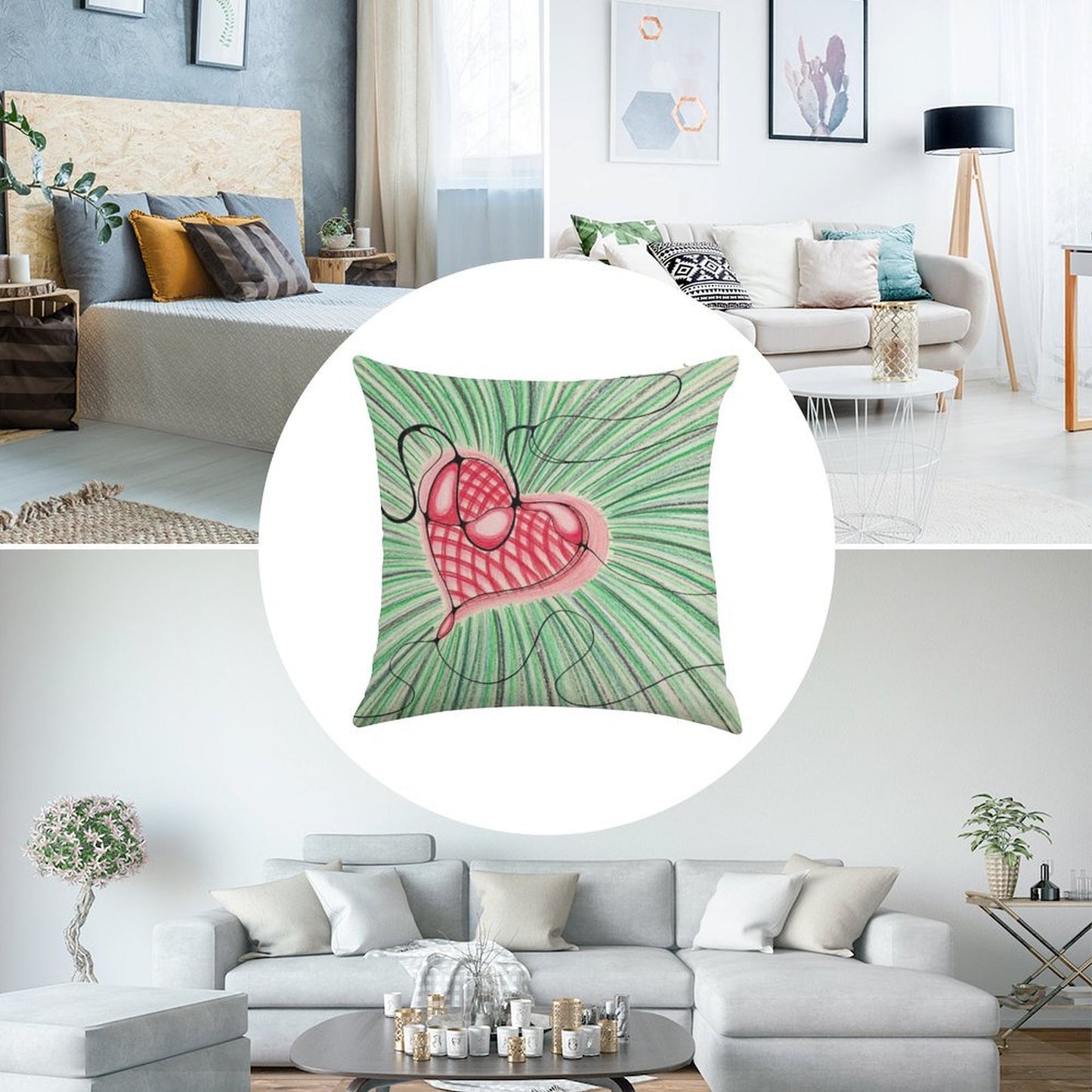 Heart Design with Green Background Linen Throw Pillow Cover