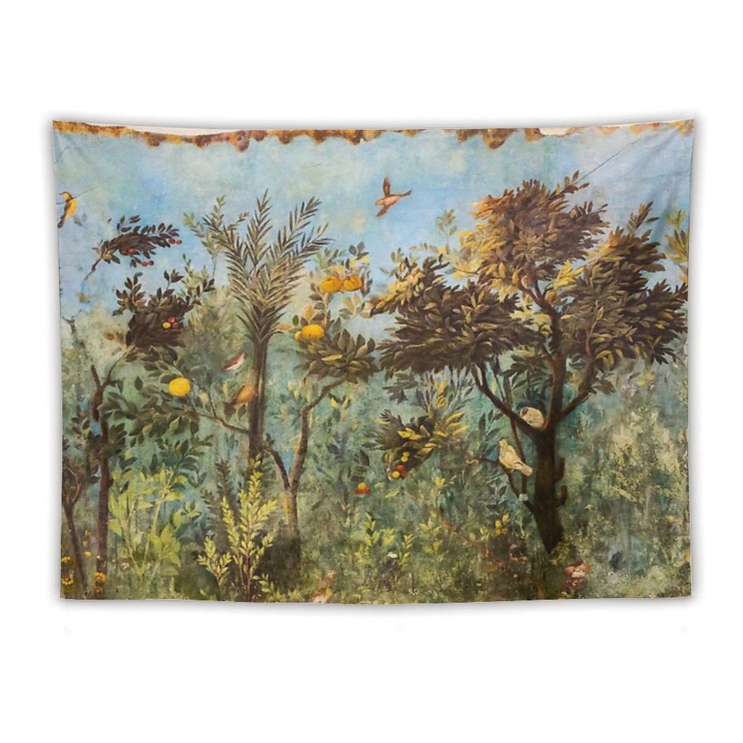 ANTIQUE ROMAN WALL PAINTING Flower Garden Flying Birds ,Quince And Apple Trees Tapestry