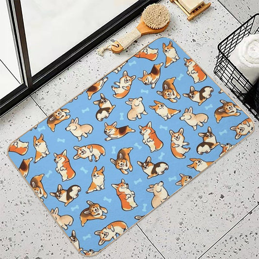 Jolly Corgis in Blue Rapid-Drying Bath Mat