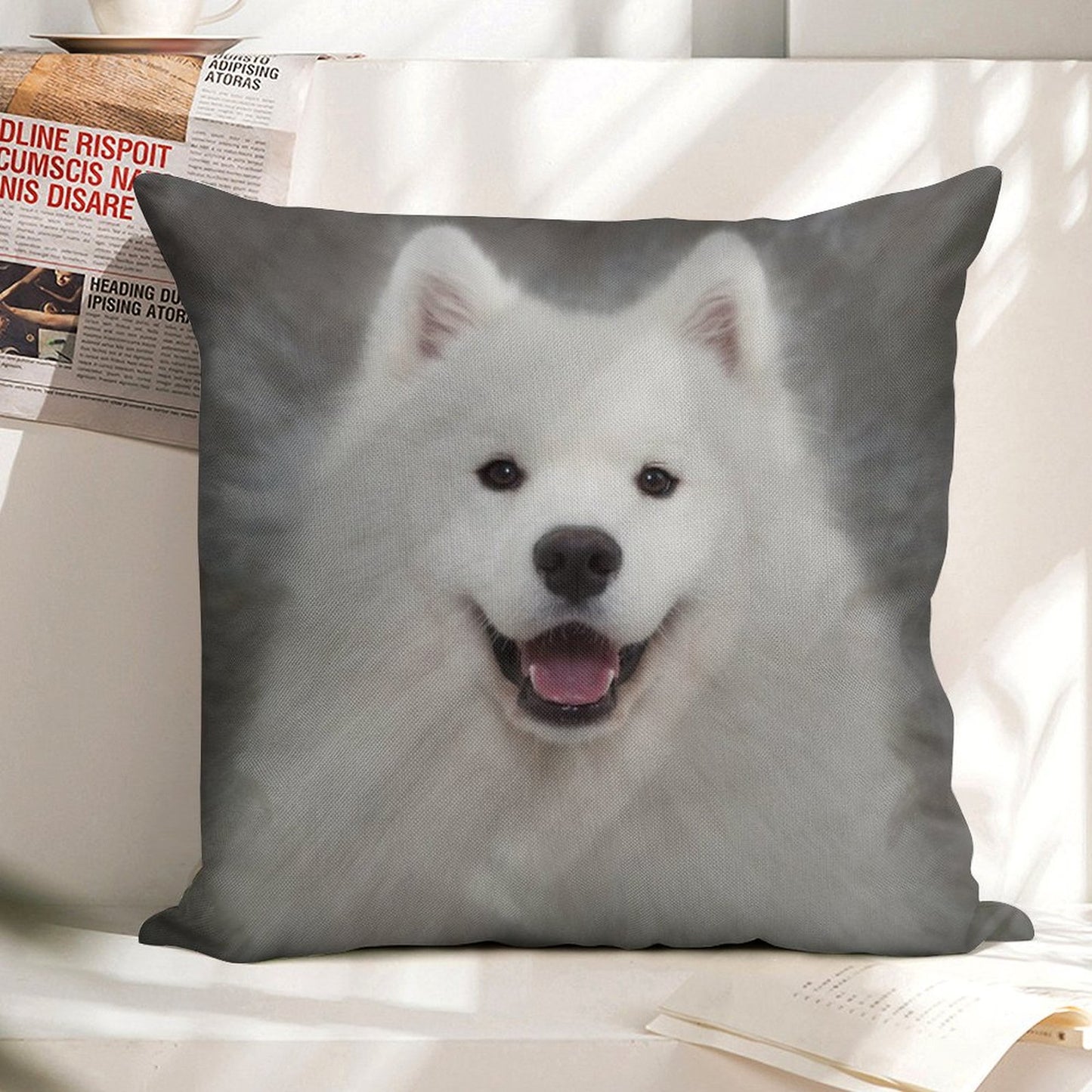 Samoyed Puppy Dog Linen Throw Pillow Cover