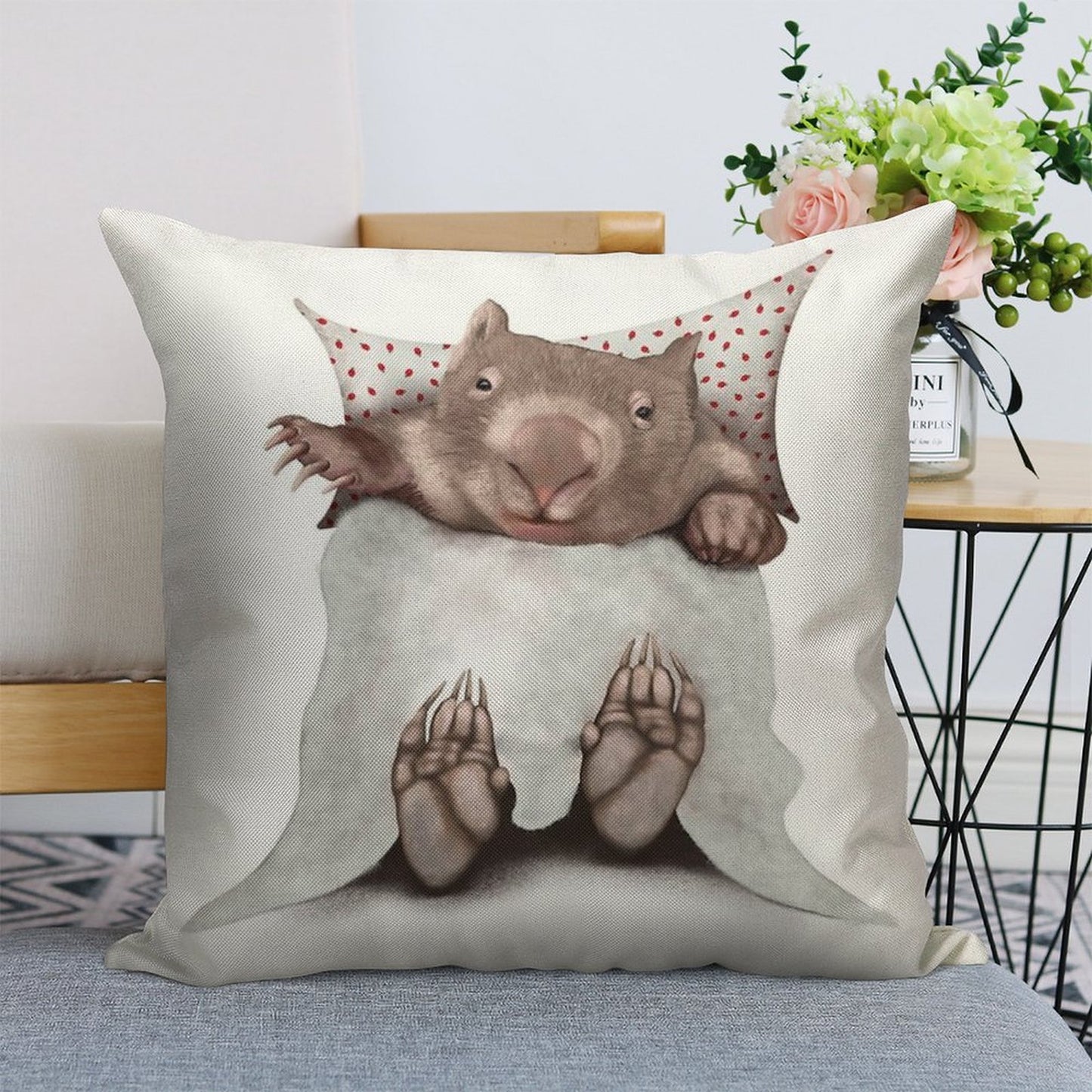 Wombat in Bed Linen Throw Pillow Cover