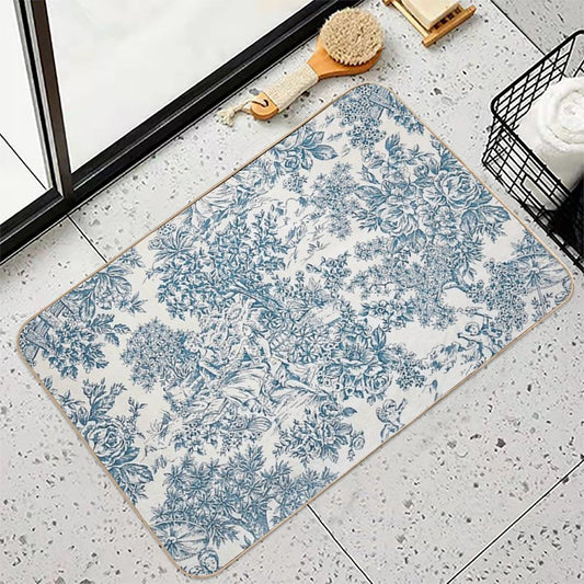 Powder Blue Romantic Flowers French Toile Design Bath Mat