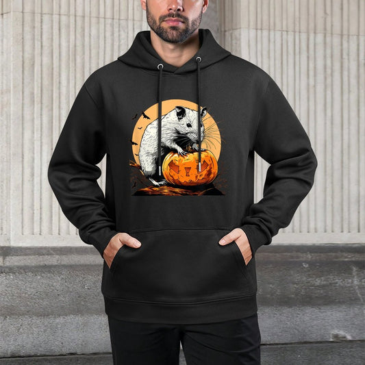 Halloween Night Fun with A White Rat And Pumpkin Adjustable Hood Hoodie