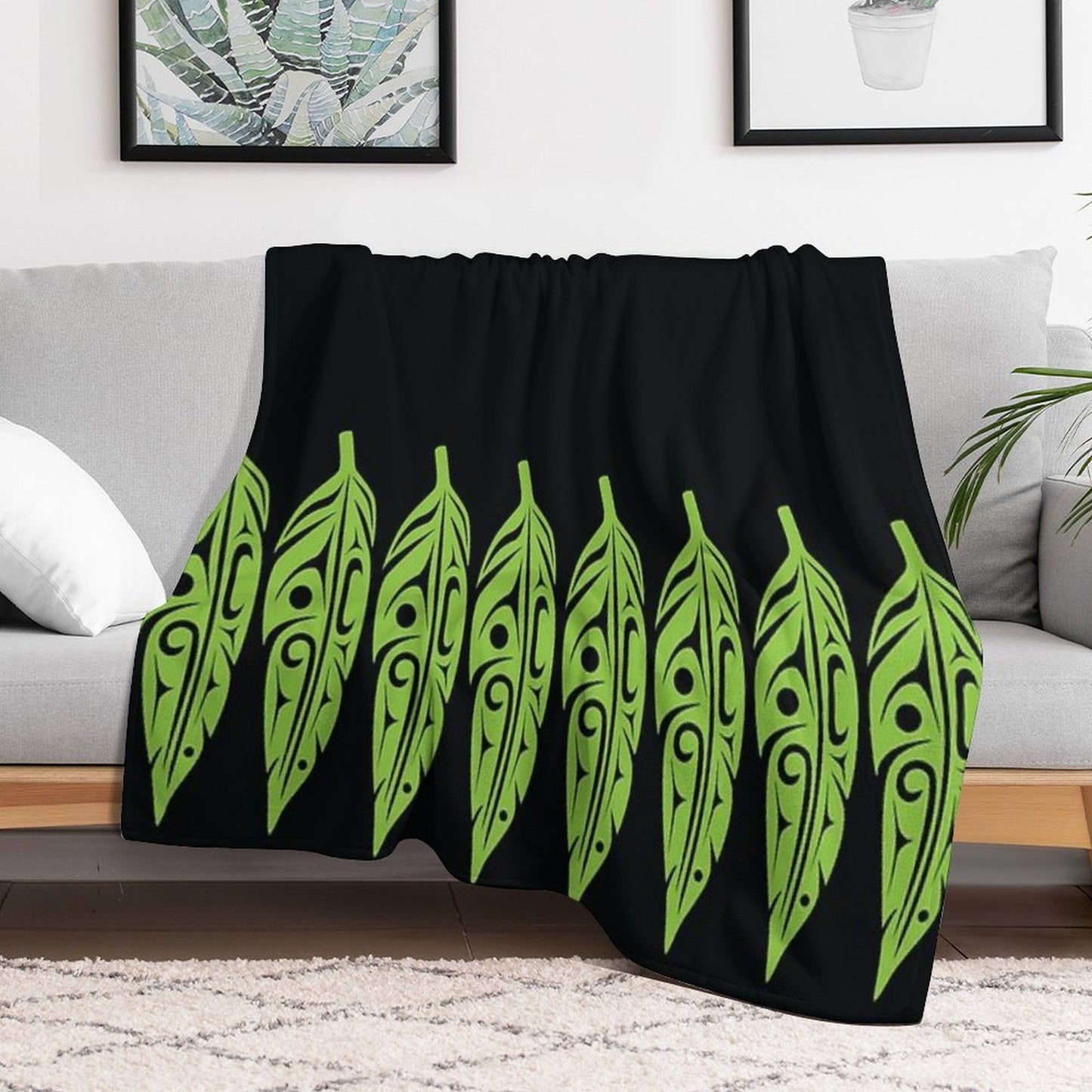 Feathers - Lime Green on Black Throw Blanket