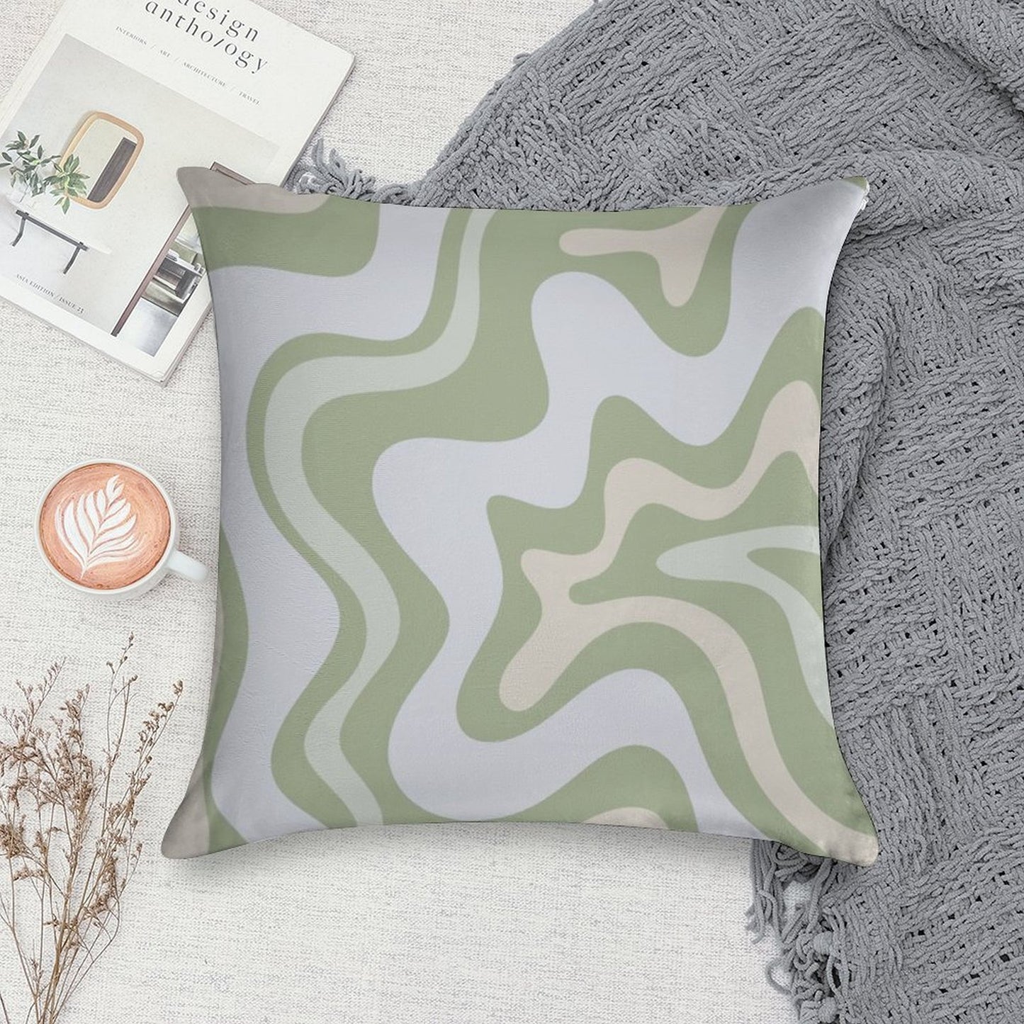 Liquid Swirl Contemporary Abstract in Light Sage Green Grey Almond Soft Short Plush Fabric Throw Pillow