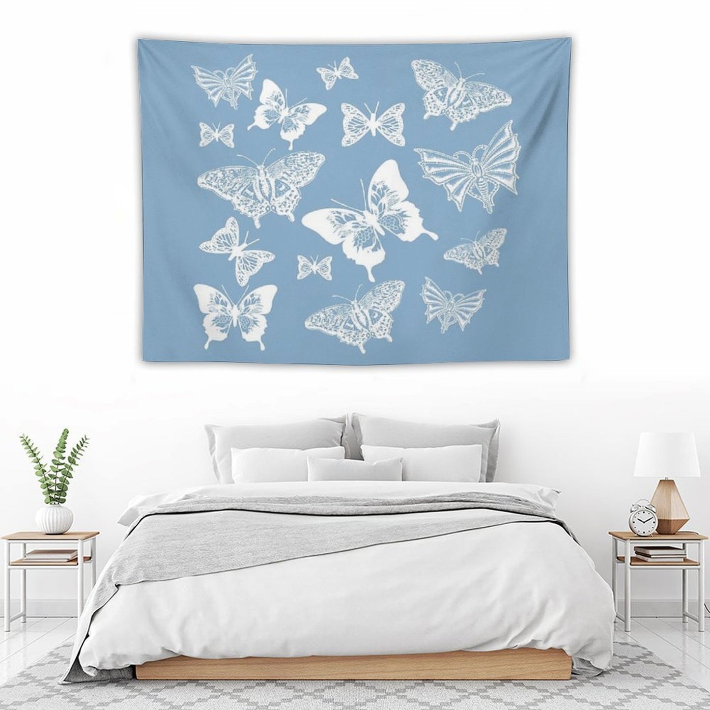 White Butterflies on Smoky Blue Grey Background Tapestry