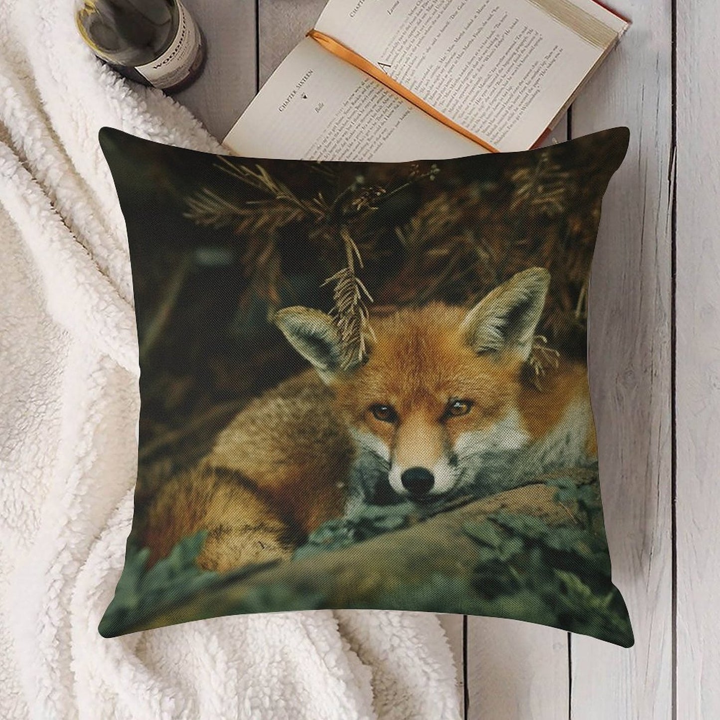 Red Fox in The Forest Linen Throw Pillow Cover