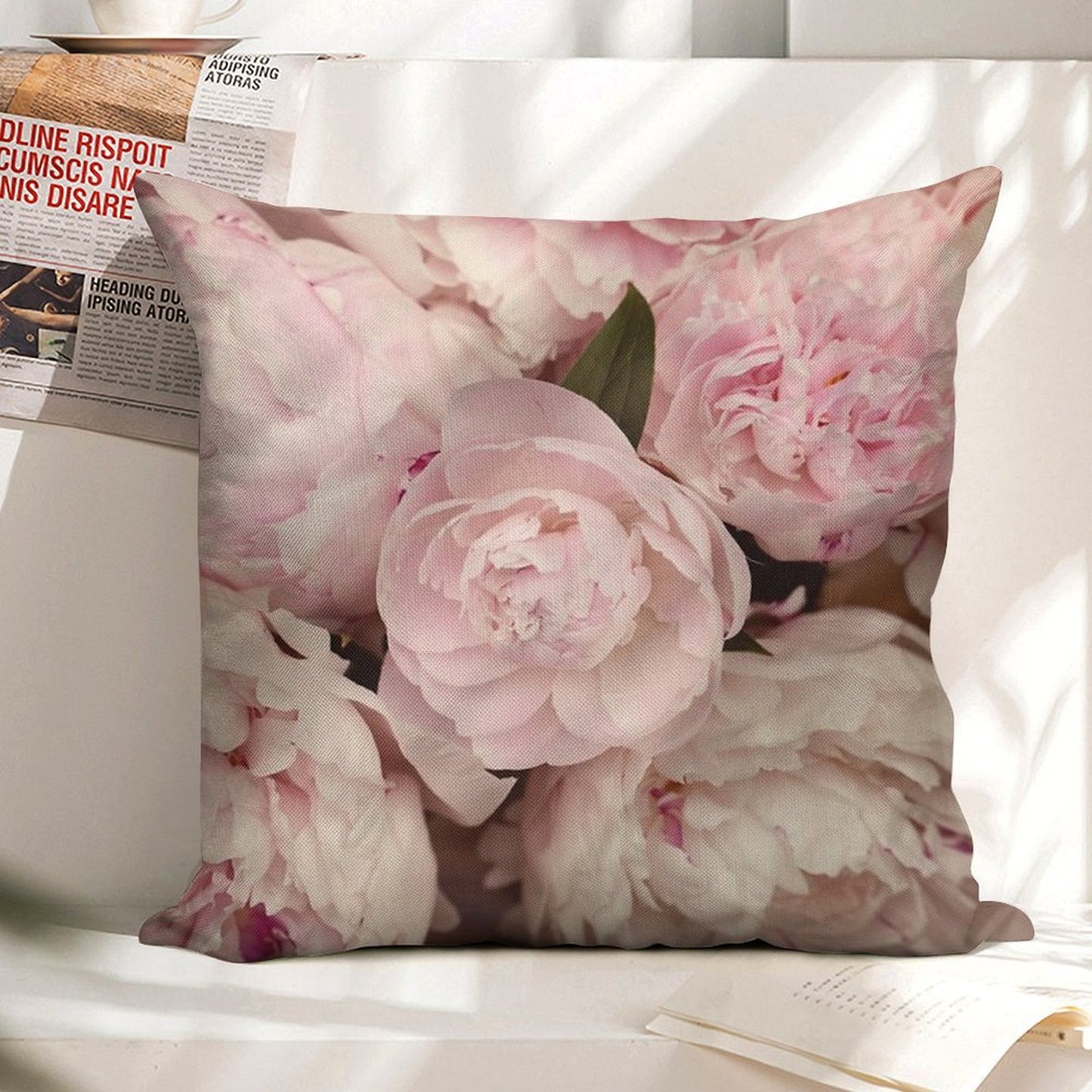 Pink Peony Flowers Linen Throw Pillow Cover