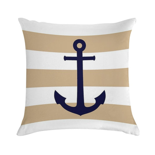 Nautical Navy Blue Anchor On Tropical Tan Stripes Soft Ultra-Soft Texture Throw Pillow
