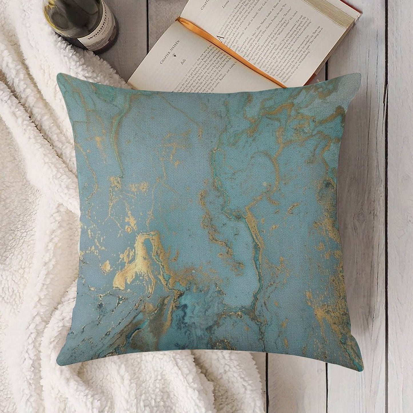 Marble Design - Gold Effect - Turquoise Blue, Teal Marbling Linen Throw Pillow Cover