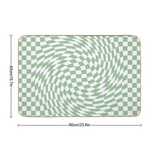 Sage Green And White Checker Warp Pattern Bath Mat