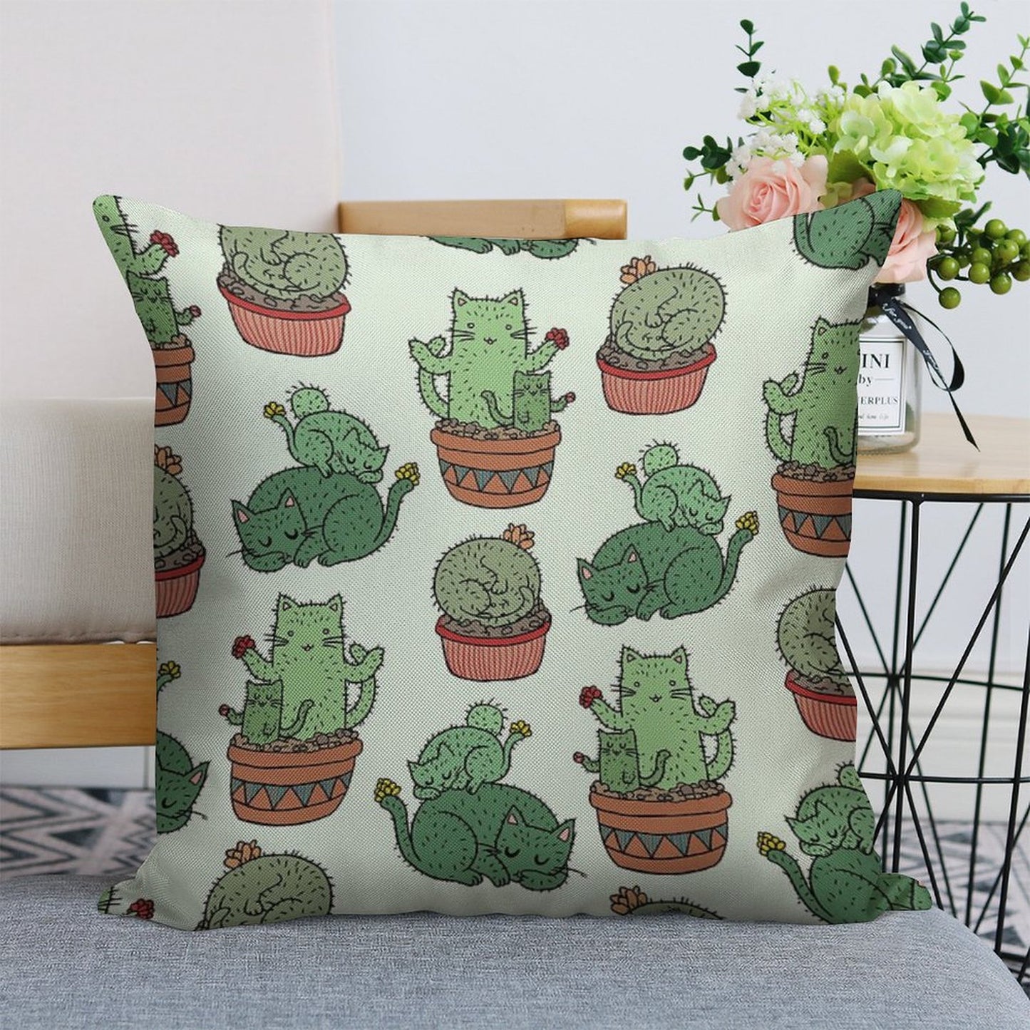 Cactus Cats Linen Throw Pillow Cover