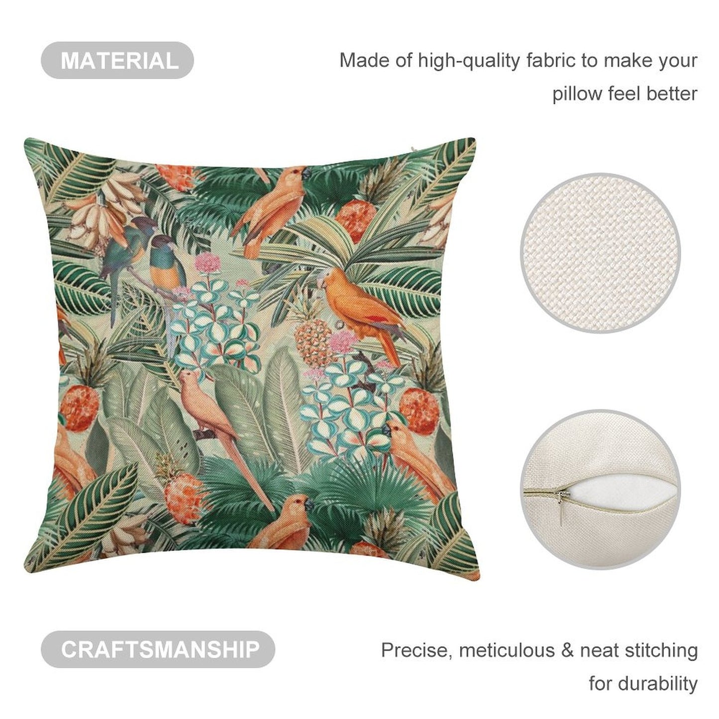 Vintage Orange Tropical Bird Jungle Botanical Garden Nightgarden Linen Throw Pillow Cover