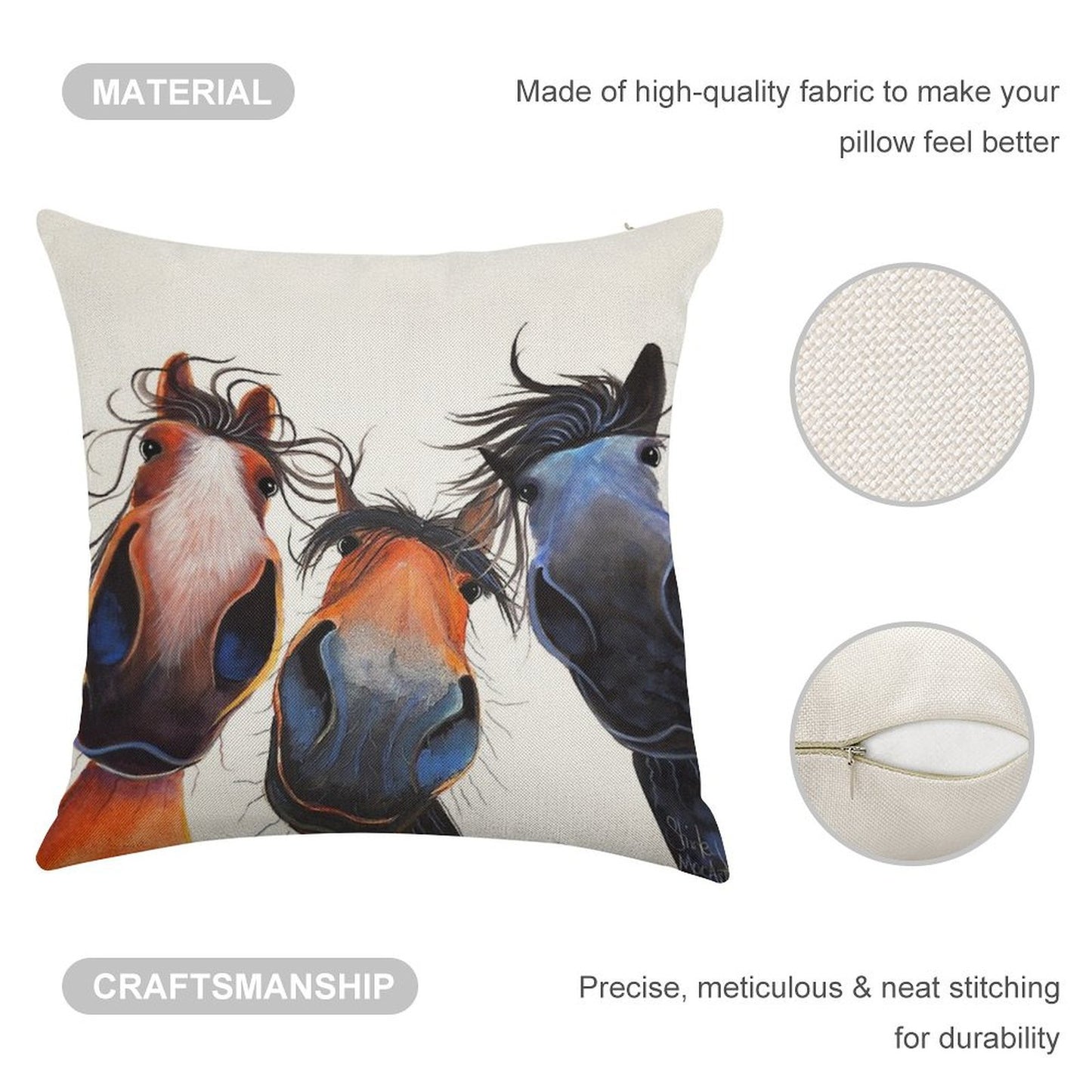 HaPPY HoRSe PRiNT ' WHo LeFT THe GaTe OPeN ' BY SHiRLeY MacARTHuR Linen Throw Pillow Cover