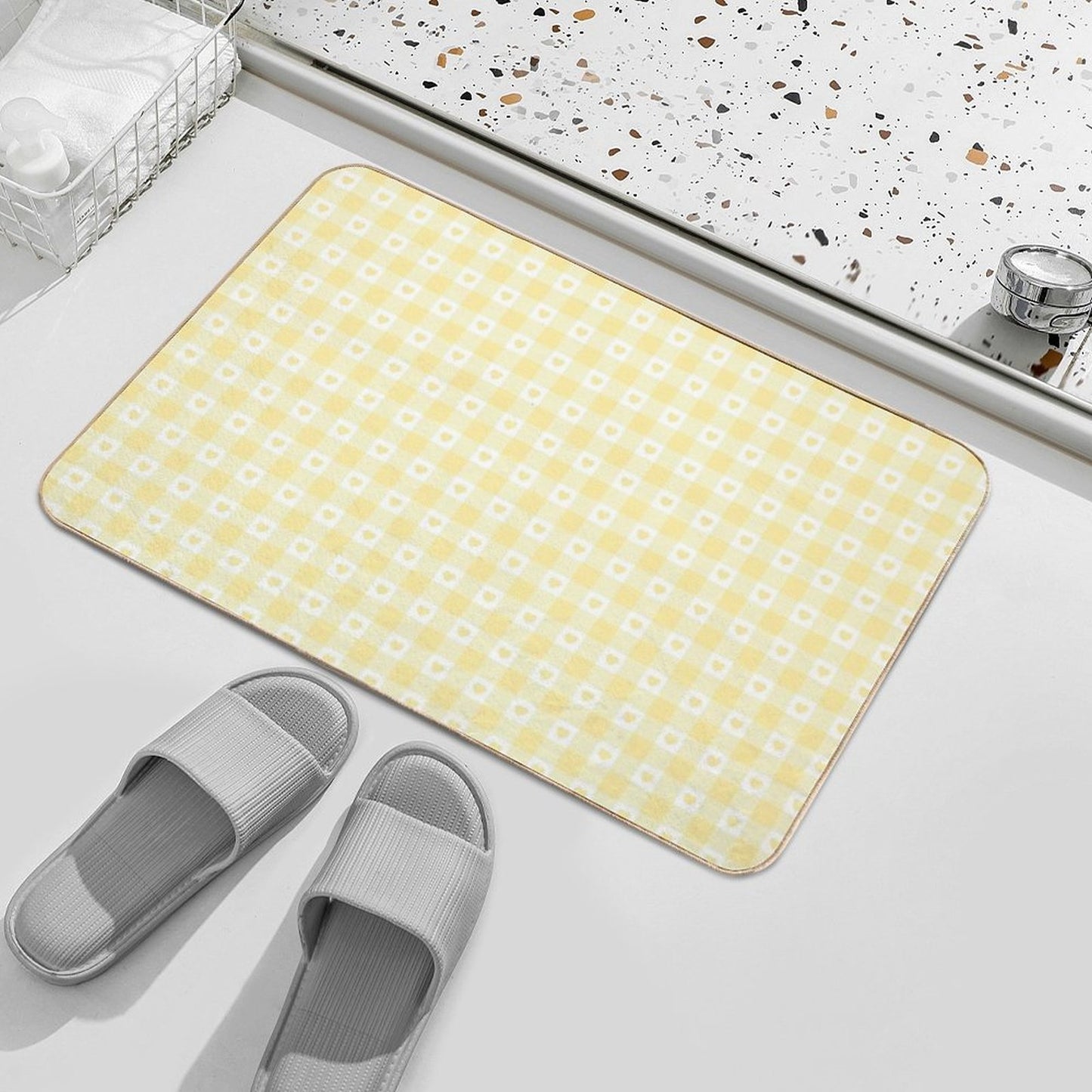 Yellow Heart Gingham Checkered Pattern Non-Slip Bath Mat