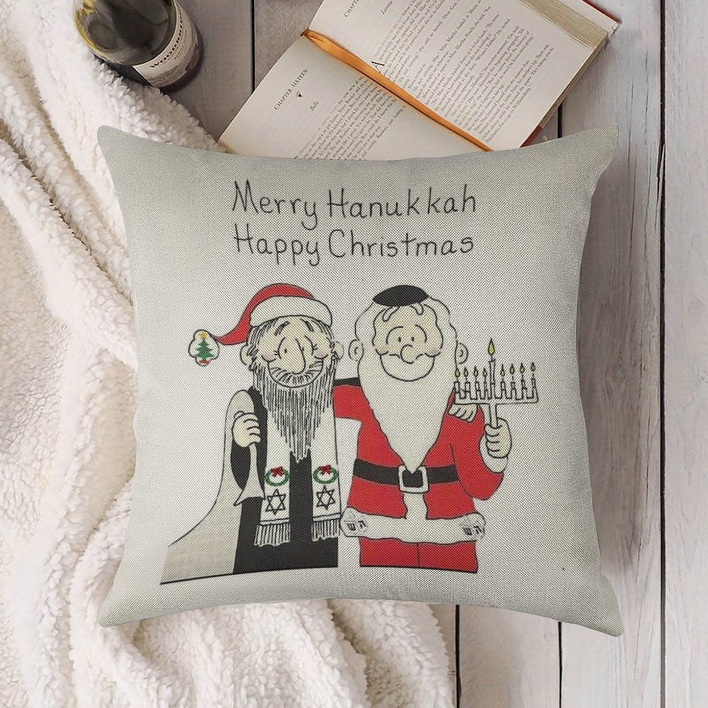 Celebrate Both, Interfaith, Hanukkah And Christmas, Chanukkah Linen Throw Pillow Cover