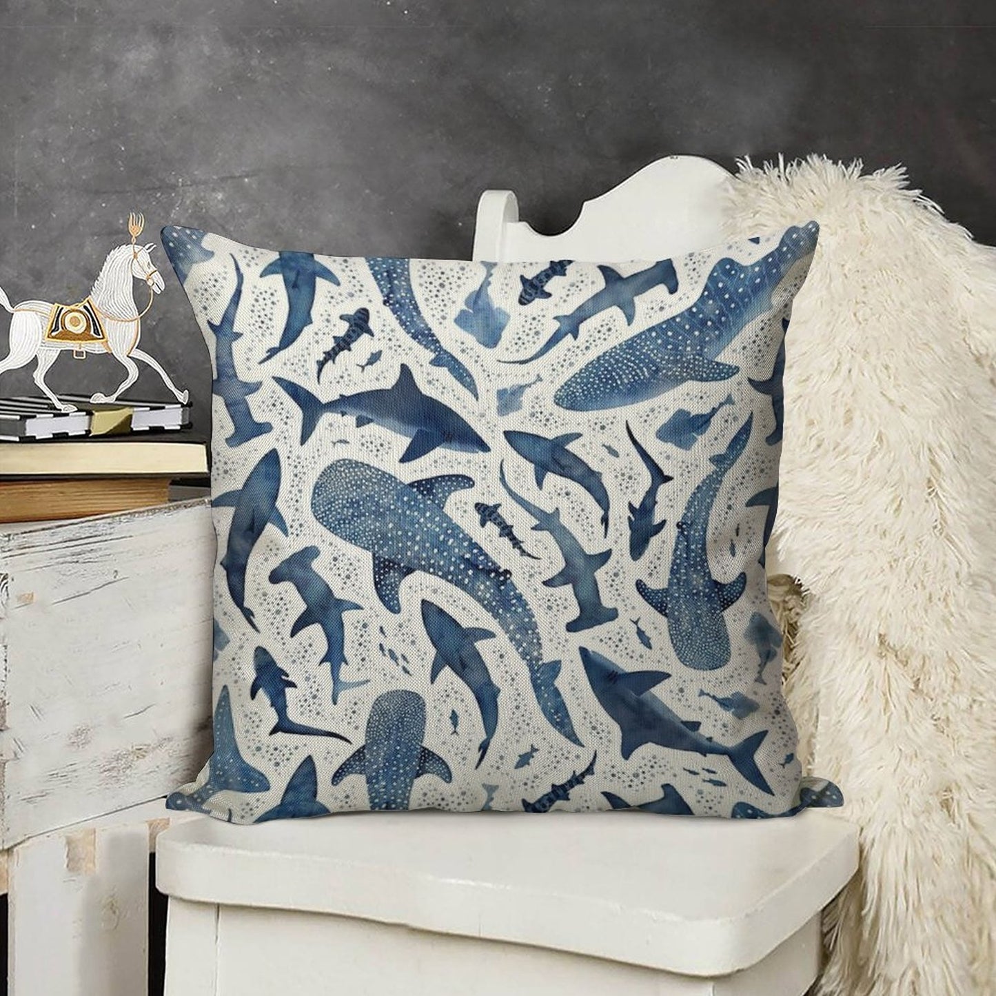 Monochrome Blue Watercolour Shark Ocean on White Linen Throw Pillow Cover